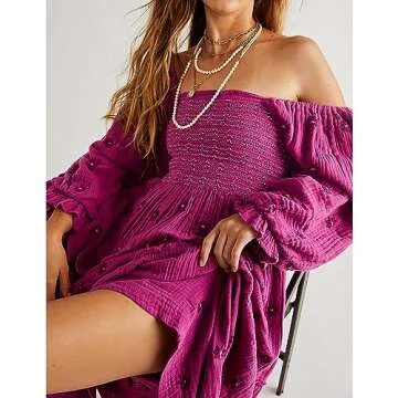 ABYOVRT Women Floral Embroidered Maxi Dress Long Puff Sleeve Square Neck Bohemian Flowy Dress with Pockets Smocked Fall Dress (Rose,L)