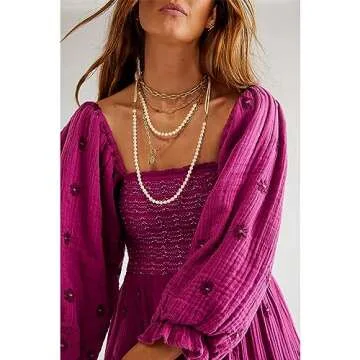 ABYOVRT Women Floral Embroidered Maxi Dress Long Puff Sleeve Square Neck Bohemian Flowy Dress with Pockets Smocked Fall Dress (Rose,L)