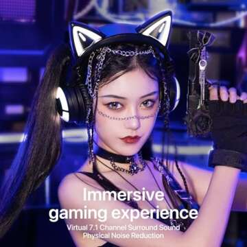 YOWU Cat Ear Headphones 3G, RGB Wireless/Wired 5.0 Foldable Gaming Headset with 7.1 Surround Sound, Built-in Mic & Customizable Lighting and Effect via APP, Type-C Charging Audio Cable(Black)