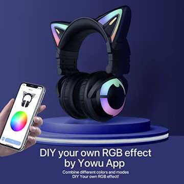 YOWU Cat Ear Headphones 3G, RGB Wireless/Wired 5.0 Foldable Gaming Headset with 7.1 Surround Sound, Built-in Mic & Customizable Lighting and Effect via APP, Type-C Charging Audio Cable(Black)