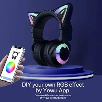 YOWU Cat Ear Headphones 3G, RGB Wireless/Wired 5.0 Foldable Gaming Headset with 7.1 Surround Sound, Built-in Mic & Customizable Lighting and Effect via APP, Type-C Charging Audio Cable(Black)