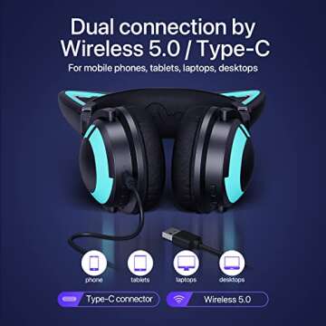YOWU Cat Ear Headphones 3G, RGB Wireless/Wired 5.0 Foldable Gaming Headset with 7.1 Surround Sound, Built-in Mic & Customizable Lighting and Effect via APP, Type-C Charging Audio Cable(Black)