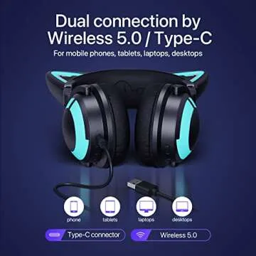 YOWU Cat Ear Headphones 3G, RGB Wireless/Wired 5.0 Foldable Gaming Headset with 7.1 Surround Sound, Built-in Mic & Customizable Lighting and Effect via APP, Type-C Charging Audio Cable(Black)