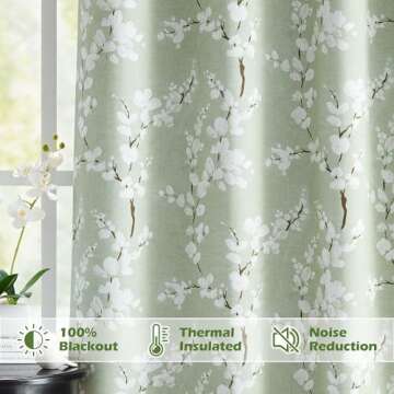 FMFUNCTEX 100% Blackout Floral Curtains - Sage Green, 96-inch Long for Cozy Living Spaces