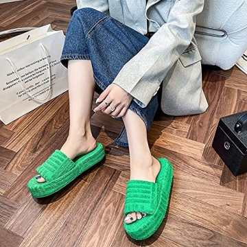 Fuzzy Slippers for Women, Terry Towelling Slider Slippers, Terry Cloth Open Toe Slippers, Open Toe Slippers Women,orthopedic Comfy Premium Slipper, Fuzzy Slippers with Arch Sup(Size:6.5UK,Color:Green)