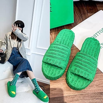 Fuzzy Slippers for Women, Terry Towelling Slider Slippers, Terry Cloth Open Toe Slippers, Open Toe Slippers Women,orthopedic Comfy Premium Slipper, Fuzzy Slippers with Arch Sup(Size:6.5UK,Color:Green)