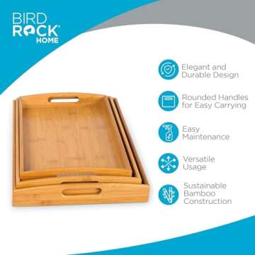 BirdRock Home 3 pc Breakfast Bed Tray (Rounded) - Bamboo - Cut Out Handles - Set of 3 - Bamboo - Nesting