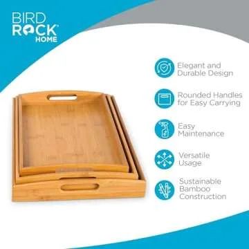 BirdRock Home 3 pc Breakfast Bed Tray (Rounded) - Bamboo - Cut Out Handles - Set of 3 - Bamboo - Nesting