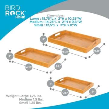 BirdRock Home 3 pc Breakfast Bed Tray (Rounded) - Bamboo - Cut Out Handles - Set of 3 - Bamboo - Nesting