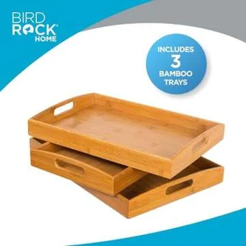 BirdRock Home 3 pc Breakfast Bed Tray (Rounded) - Bamboo - Cut Out Handles - Set of 3 - Bamboo - Nesting