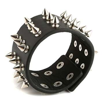 HZMAN Unisex Black Spike Studded Punk Rock Bracelet - Adjustable Style