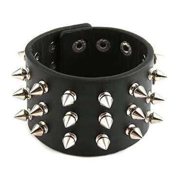 HZMAN Unisex Black Spike Studded Punk Rock Bracelet - Adjustable Style