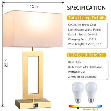 22’’ Set of 2 Touch Control Table Lamps w. 2 USB Ports, 3-Way Dimmable Bedroom Bedside Nightstan...