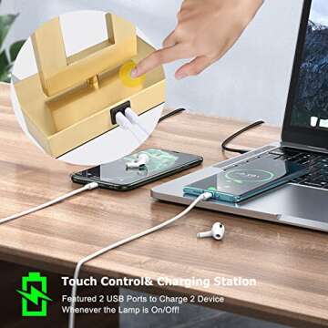 22’’ Set of 2 Touch Control Table Lamps w. 2 USB Ports, 3-Way Dimmable Bedroom Bedside Nightstand, Modern Gold&White Touch Lamps for Living Room End Table, LED Bulbs Included