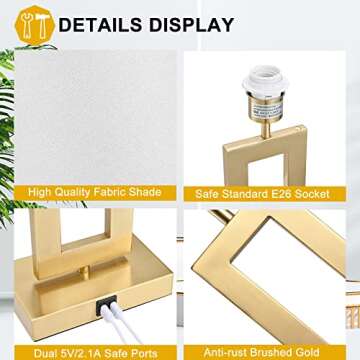 22’’ Set of 2 Touch Control Table Lamps w. 2 USB Ports, 3-Way Dimmable Bedroom Bedside Nightstand, Modern Gold&White Touch Lamps for Living Room End Table, LED Bulbs Included