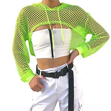 Smile Fish Women Casual Sexy 80s Costumes Concert Fishnet Neon Crop Hoodies T-Shirt (L, Neon-Green)