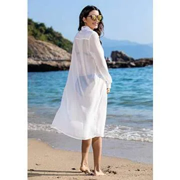 zeagoo Women's Open Front Long Sheer Cardigan Roll Up Long Sleeve Button Down Shirt,Medium,White