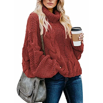 Dokotoo Women Winter Casual Turtleneck High Neck Cable Knit Sweater