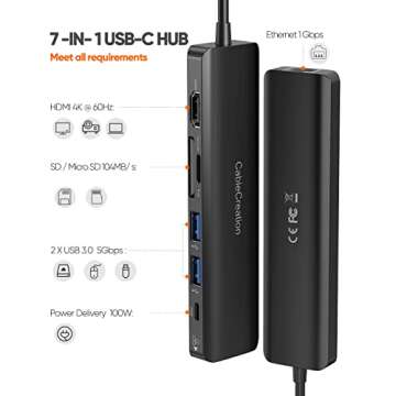 USB C Hub with Ethernet, CableCreation 7 in 1 4k@60Hz HDMI USB C Multiport Adapter with 100W PD, 2 USB 3.0 Ports, SD/TF Cards Reader Compatible for MacBook Pro/Air M1 M2, iPad Pro/Air, Dell XPS, HP