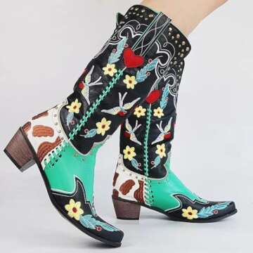 XEYANFYS Swallow Flower Embroidered Cowboy Boots for Women Square Toe Chunky Low Heel Mid Calf Boots...