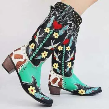 XEYANFYS Swallow Flower Embroidered Cowboy Boots for Women Square Toe Chunky Low Heel Mid Calf Boots...