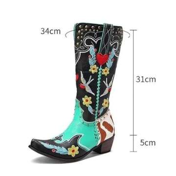 XEYANFYS Swallow Flower Embroidered Cowboy Boots for Women Square Toe Chunky Low Heel Mid Calf Boots Cowgirl Boots Fashion Muti-color Patchwork Pull On Western Boots, 9, Blue