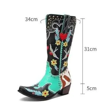 XEYANFYS Swallow Flower Embroidered Cowboy Boots for Women Square Toe Chunky Low Heel Mid Calf Boots Cowgirl Boots Fashion Muti-color Patchwork Pull On Western Boots, 9, Blue