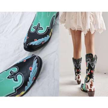 XEYANFYS Swallow Flower Embroidered Cowboy Boots for Women Square Toe Chunky Low Heel Mid Calf Boots Cowgirl Boots Fashion Muti-color Patchwork Pull On Western Boots, 9, Blue
