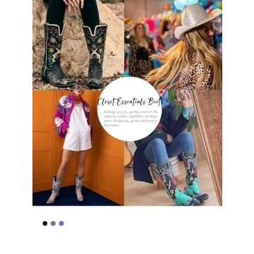 XEYANFYS Swallow Flower Embroidered Cowboy Boots for Women Square Toe Chunky Low Heel Mid Calf Boots Cowgirl Boots Fashion Muti-color Patchwork Pull On Western Boots, 9, Blue