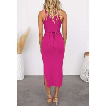 HUUSA Sleeveless Tank Dress Outfits for Women Sexy Summer Night Out Holiday Fashion Comfy Crisscross Knot Ruched Bodycon Long Dress Shrimp Pink/Rose XL