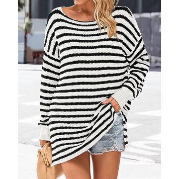 KIRUNDO Oversized Long Sleeve Striped Sweater for Women
