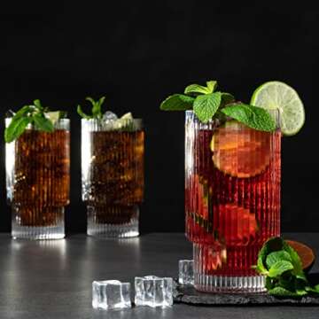 Huge Estate 16OZ Ribbed Glassware, Luxurious Glass Drinking Cups with Matching Straws – Vintage Drinking Glasses for Water Iced Coffee Smoothie Juice – 4pcs Ribbed Glasses