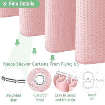 Dynamene Pink Fabric Shower Curtain - Waffle Weave Textured Heavy Duty Cloth Shower Curtains for Bathroom, 256GSM Hotel Luxury Weighted Bath Curtain Set with 12 Hooks,72x72, Pink