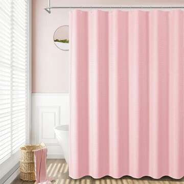 Dynamene Pink Fabric Shower Curtain - Waffle Weave Textured Heavy Duty Cloth Shower Curtains for Bathroom, 256GSM Hotel Luxury Weighted Bath Curtain Set with 12 Hooks,72x72, Pink