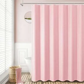 Dynamene Pink Fabric Shower Curtain - Waffle Weave Textured Heavy Duty Cloth Shower Curtains for Bathroom, 256GSM Hotel Luxury Weighted Bath Curtain Set with 12 Hooks,72x72, Pink