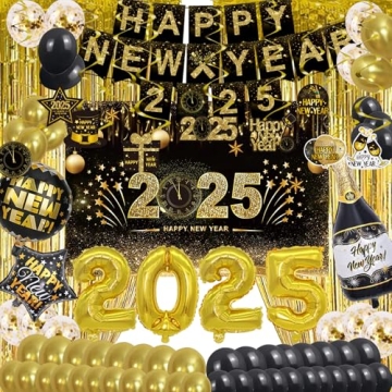 Happy New Year Party Decoration Supplies - 2025 Backdrop Banner Fringe Curtains and Foil Balloon, Ph...
