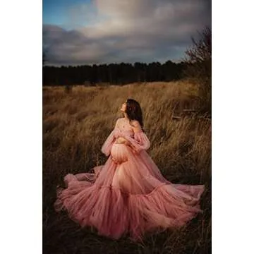 Midiluy Tulle Robe Maternity Dress for Photoshoot Fluffy Pregnancy Dresses Long Bridal Lingerie Bathgown Baby Shower Sleepwear Lavender S