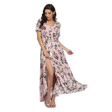 VintageClothing Women's Floral Print Maxi Dresses Boho Button Up Split Beach Party Dress,Pale Dogwood,X-Large