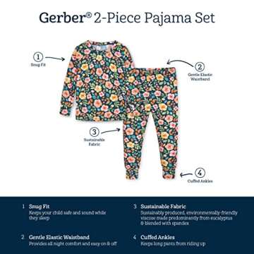 Gerber Unisex Baby Toddler Buttery Soft 2-Piece Snug Fit Pajamas with Viscose Made from Eucalyptus, Midnight Floral, 18 Months