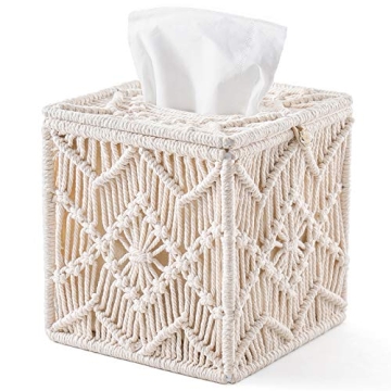 Mkono Tissue Box Cover Boho Decor Square Tissues Holder with Bead Buckle, Woven Macrame Napkin Facia...