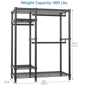 VIPEK V2S Garment Rack Heavy Duty Commercial Grade Rack, 4 Tiers Adjustable Wire Shelving Clothing Racks with 3 Hanging Rods, Freestanding Closet Metal Wardrobe Closet, Max Load 800LBS, Black