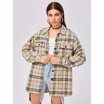 SweatyRocks Women's Long Sleeve Collar Long Button Down Plaid Shirt Blouse Tops Light Khaki Small