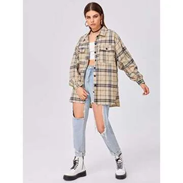 SweatyRocks Women's Long Sleeve Collar Long Button Down Plaid Shirt Blouse Tops Light Khaki Small