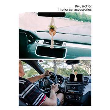 MoHern Mini Macrame Plant Hanger with Pot, 3 Pcs Small Cute Hanging Rearview Mirror Charms, Boho Car...