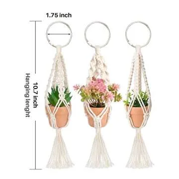 MoHern Mini Macrame Plant Hanger with Pot, 3 Pcs Small Cute Hanging Rearview Mirror Charms, Boho Car Decor, for Plant Lover