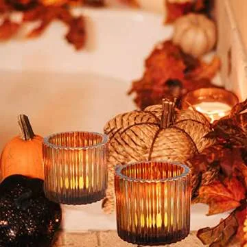 VOHO Votive Candle Holders for Wedding Candles, Amber Glass Candle Holder Set of 6, Tealight Candle Holder Bulk for Wedding Decor, Table Centerpiece, Birthday Party