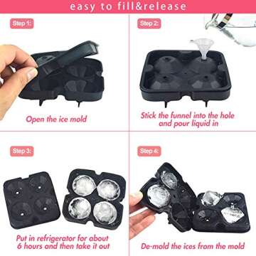 JOHOUSE 2PCS Round Ice Cube Mold, Silicone Ice Cube Molds, Diamond Ice Cube Molds for Whiskey Cocktails & DIY Black