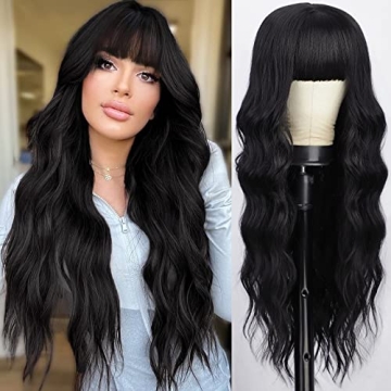 AISI QUEENS Black Wig with Bangs, Long Black Wavy Wigs for Women Synthetic Wigs Natural Black Curly ...