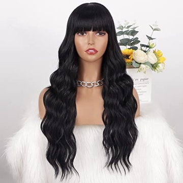 AISI QUEENS Wavy Black Wig with Bangs for Women