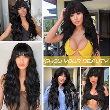 AISI QUEENS Wavy Black Wig with Bangs for Women